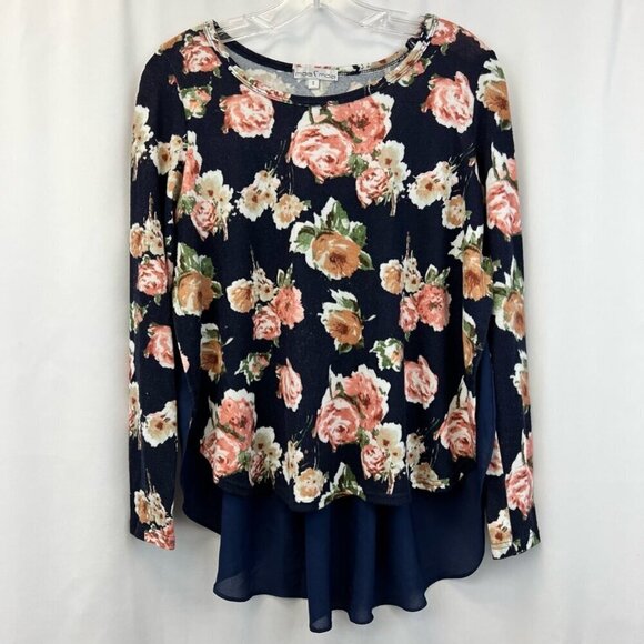 Moa Moa Womens Hi Lo Top Multicolor Floral Long Sleeve Pleated Chiffon Back S - Picture 1 of 9